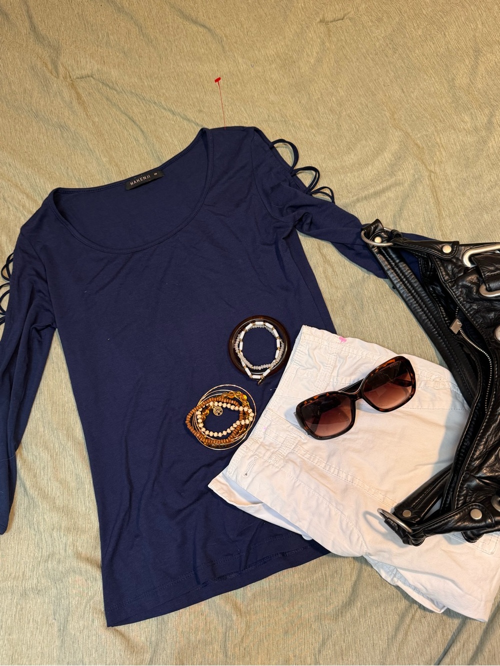 Makenji Y2K Navy Long Sleeve Scoop Neck Top with Lace-Up Sleeves